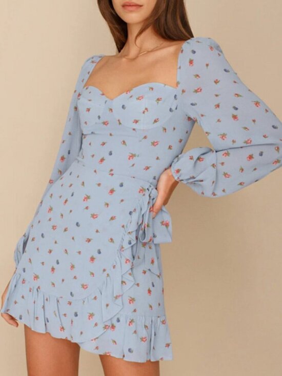 Reformation Dresses & Skirts - Reformation Cammi Mini Wrap Dress in Light Blue Floral Size 8